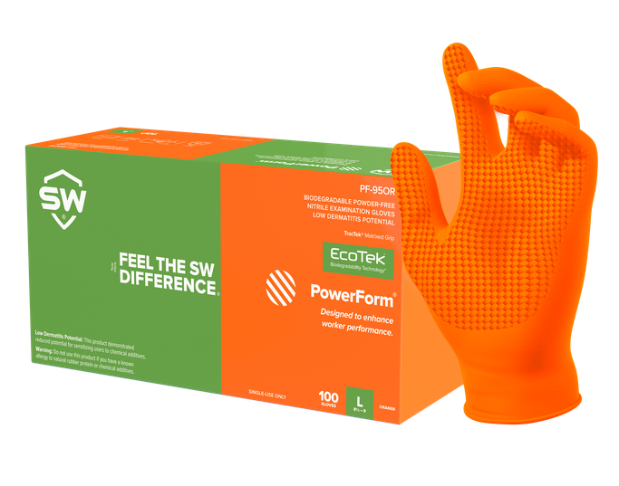 PF-95OR SW Safety® PowerForm® Ecotek® Hi-Vis Orange Biodegradable Nitrile Exam Gloves with TracTek® Grip